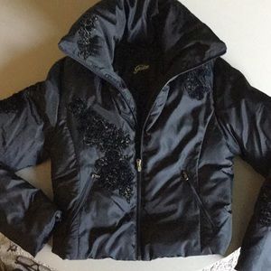 Guess Puffer Down Coat with black floral appliqué